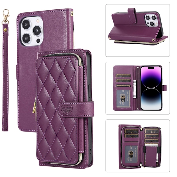 Kotelo iPhone 14 PLUS -puhelimelle, tumman violetti + lyhyt rannekoru, muodikas vetoketjullinen laukku, lompakko korttipidikkeellä