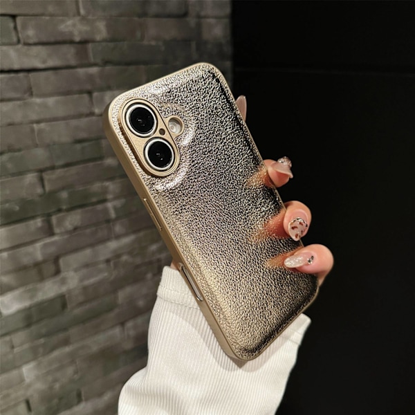 Etui til iPhone 15PLUS Lychee-mønster-gull 2 i 1 Pebbled klassisk lær
