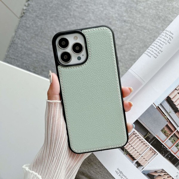 Fodral för iPhone 14pro max Litchi-mönster 2 i 1 sömnad mintgrön klassisk Pebbled lädertextur par Full-Body