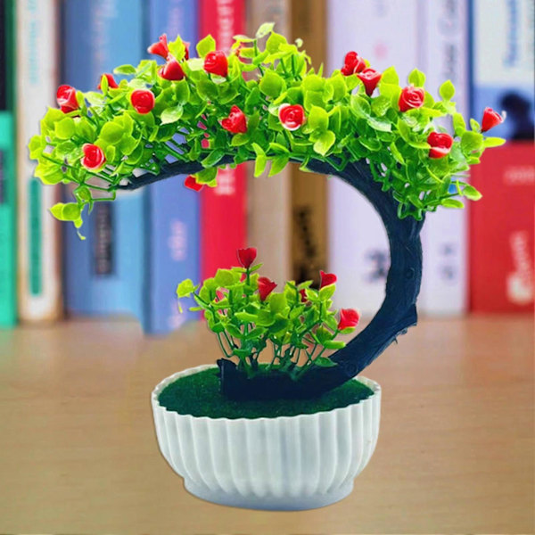 Falsk Bonsai Romantisk Ingen Vattning Plast Vacker Konstgjord Blomma Bonsai med Kruka Trädgårdstillbehör Red