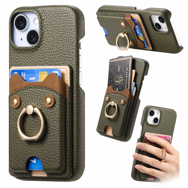 Etui til iPhone 13 Pro Midnight Green Pebbled Søt Bjørn Lommebok med Kortholder Lærring