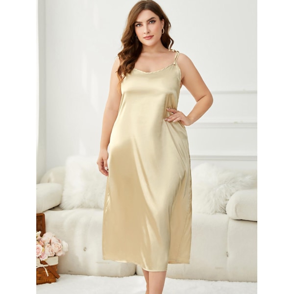 Solid Color plus Size Suspender Dress Mid-Wist Medellängd U-formad krage Golden 2XL