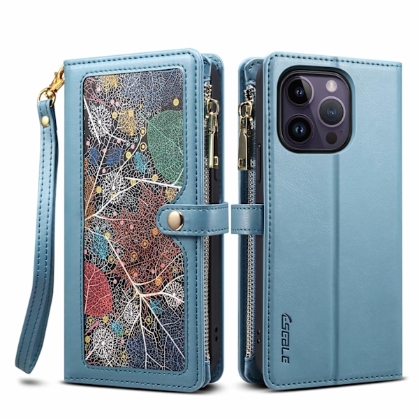 Fodral för iPhone 15 Pro Max Blå + armband Mixed Media Flip Crossbody Multi-kort Dragkedja Målad
