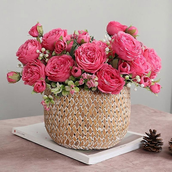 1 stk. 5-Hoved Kunstig Stof Rose Hjemmefest Brude Hjem Bryllup Borddekoration Dark Pink