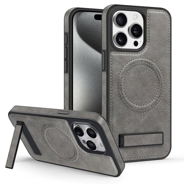 Etui til iPhone 15PRO gråt læder Magnetisk Full-Body stativ