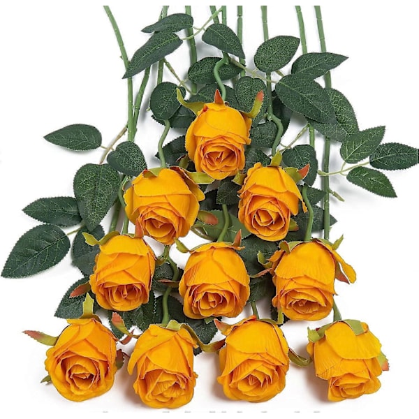 10 stk. Kunstige Silke Roser Falske Blomster Buket Lange Stængler til Bryllup Hjemmefest Dekoration (Beige) Orange