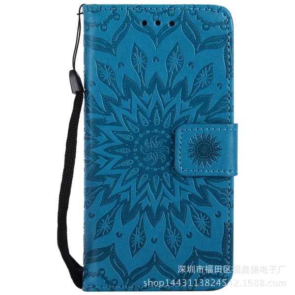 Etui til iPhone 16 Pro Max blå preget solsikke 3D-preget lommebok med kortholder
