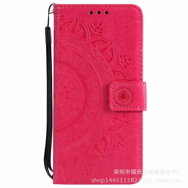 Fodral för iPhone 13 röd Totem 3D Präglad Halv Blomma Plånbok med Korthållare