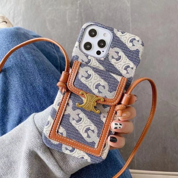 Kotelo iPhone 14:lle Sininen kangas korttipidike crossbody Nahkainen teksturoitu crossbody Hihna korttipidike