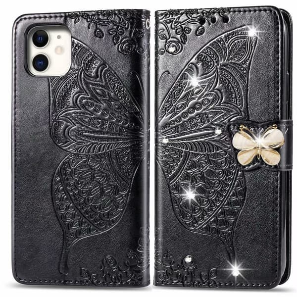 Etui til iPhone 14 Pro Max svart diamant 3D-preget sommerfuglblomstskive