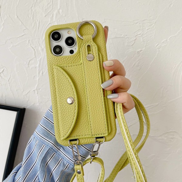 Etui til iPhone 16pro max Kortholder Håndledsrem Crossbody Grønt Læder kortholder, håndleds crossbody