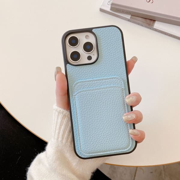 Etui til iPhone 15 Pro Blå litchi mønster kort Pebbled læder tekstur Wallet med kortholder