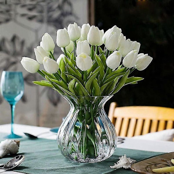 10 Fantastiske Realistiske Touch PU Kunstige Tulipaner Bukett Med Stilk - Gul white