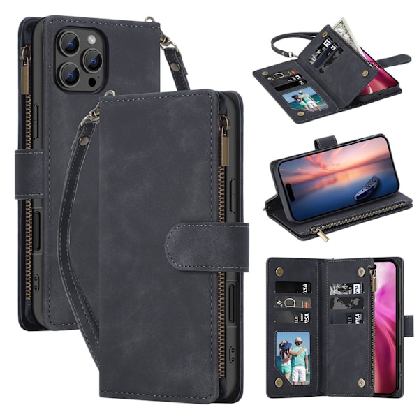 Etui til iPhone 14PRO svart Soft-Touch multi-kort glidelåspose