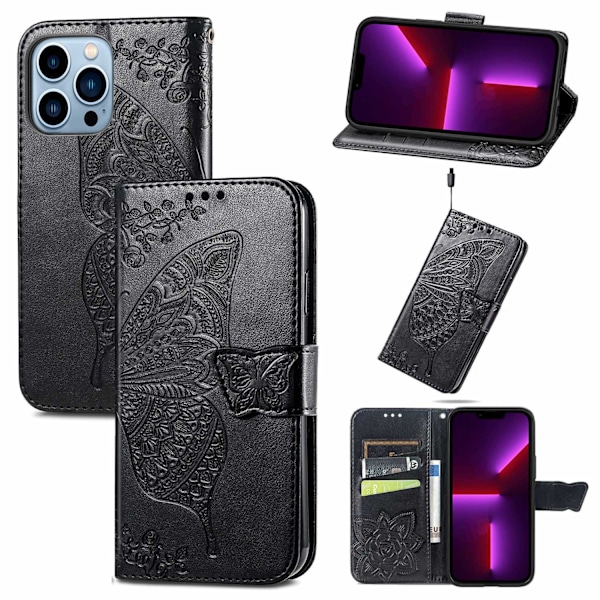 Kotelo iPhone 15 Pro Max -puhelimelle, musta Source Flip Butterfly -lompakko korttipidikkeellä