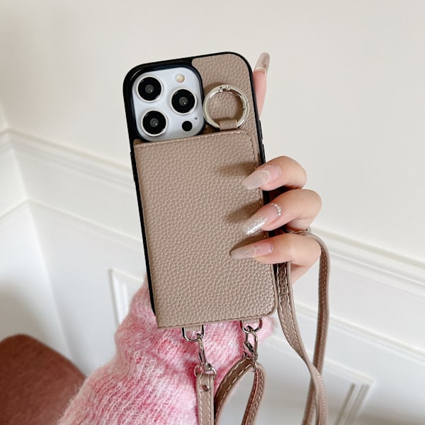 Etui til iPhone 16plus Litchi mønster fuld dækning venstre og højre åbning skønhedsspejl kortholder lanyard khaki Kortholder Pebbled Fuld-krops strop