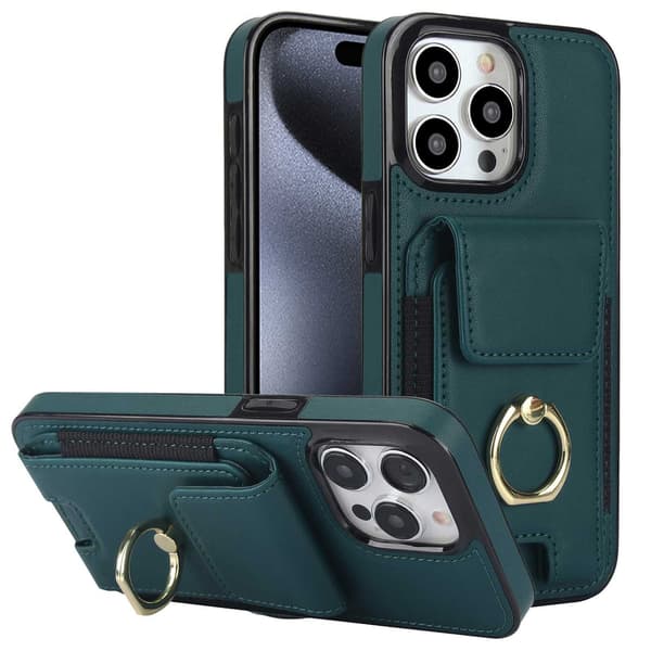 Fodral för iPhone 16 Pro Mörkgrön Baksida Plånbok med Korthållare Ring