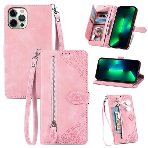 Etui til iPhone 14 Pro 6.1 rosa glidelås 3D-preget lommebok med kortholder