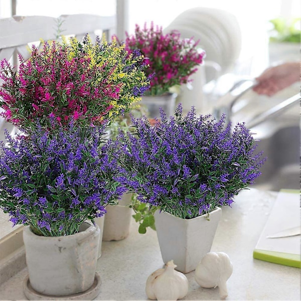 8 stk. kunstige lavendelplanter, falske blomster, grønne plaststilker for dekorasjon av verandaer og plantekasser Purple