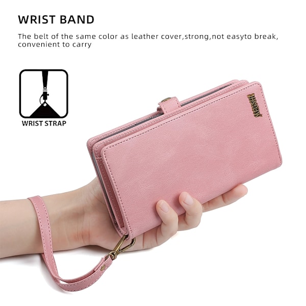 Etui til iPhone 15 Plus, rosa flip-lommebok med kortholder