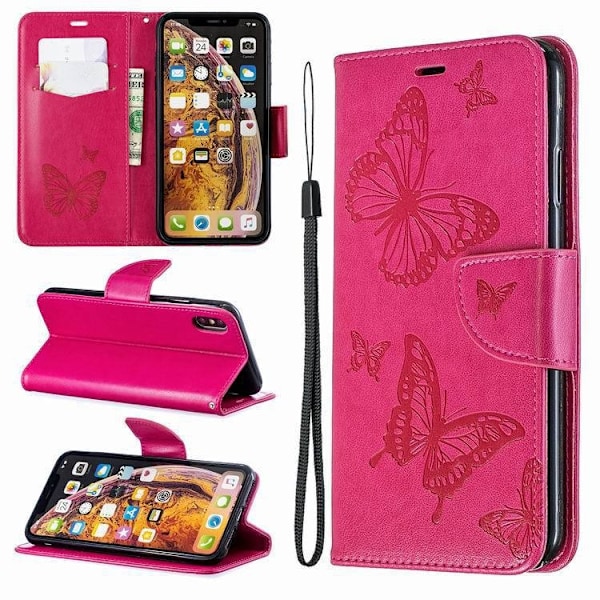 Etui til iPhone 14 Plus Rosarød Sommerfugl 3D Præget Flip Wallet med Kortholder