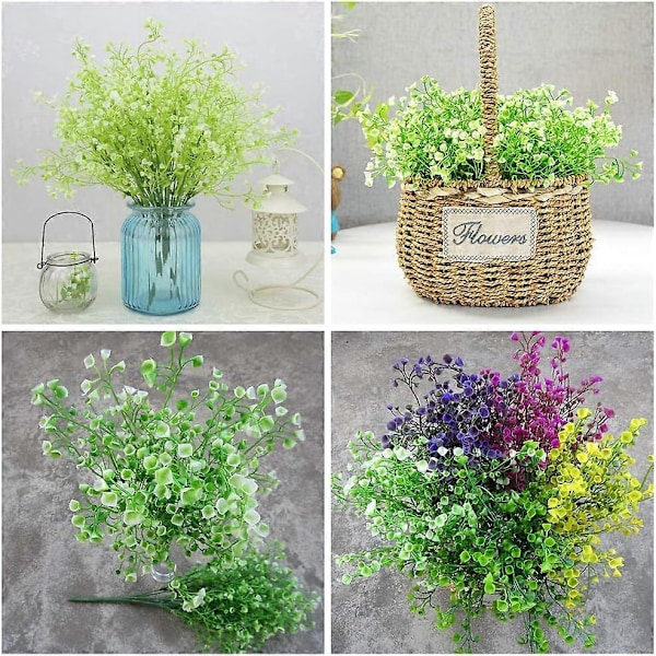 Kunstige buske 4-pak falske UV-resistente planter blomster, kunstige plastik klokkeblade grønt Bell Leaves White 6 Pcs