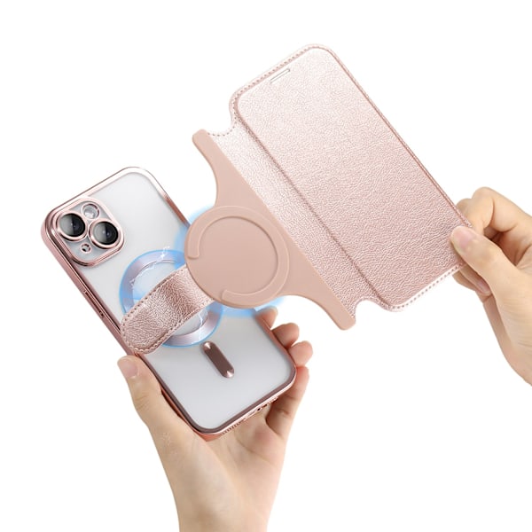 Kotelo iPhone 15 Plus Ruusukulta Luova galvanointi Käännettävä magneettinen linssikalvo
