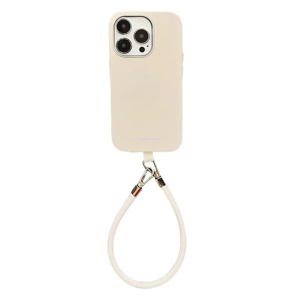 Fodral för iPhone 15pro Vit + vit läder kort rep Höst och vinter Maillard Enkel lädertextur Rem