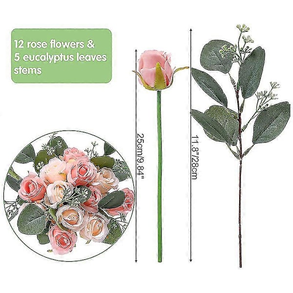 17 stk Kunstige Blomster, 12 Silkeblomster og 5 Kunstige Eucalyptusblader i Bulk, til Bryllup