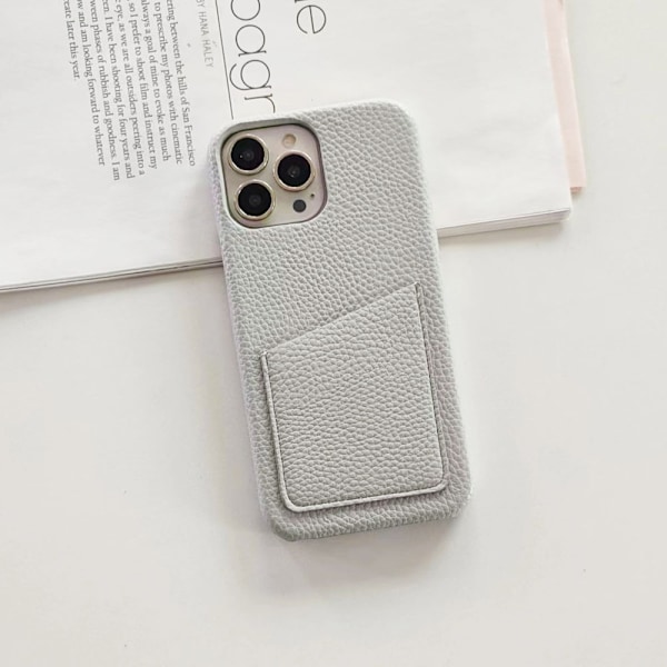 Fodral för iPhone 14promax Ljusgrå Pebbled Plånbok med Korthållare klassisk halv pack