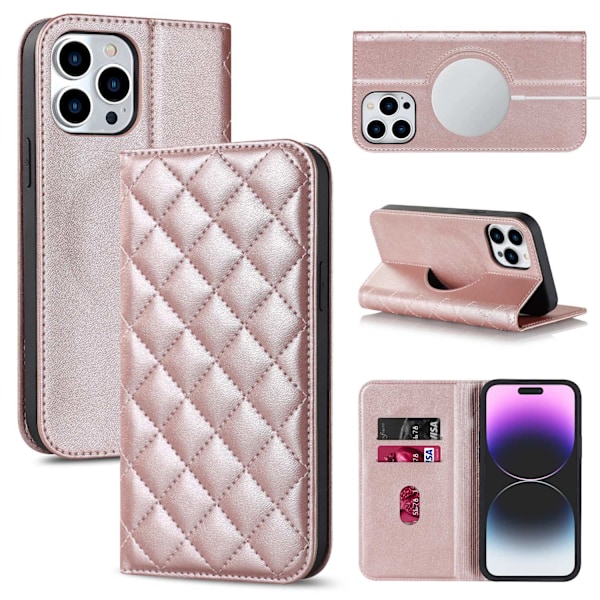 Kotelo iPhone 14 Plus -puhelimelle, ruusukulta, langattomat laturit, magneettinen läppä