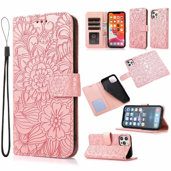 Kotelo iPhone 14 Pro Max -puhelimelle, ruusukultainen, pehmeäpintainen, 3D-kohokuvioitu auringonkukkaro lompakolla ja korttipaikalla