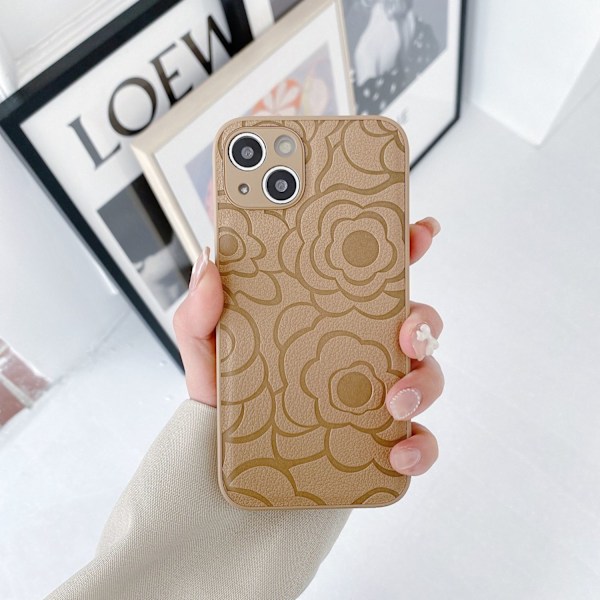 iPhone 15 Plus -kotelo, khaki, nahkakuvioinen kamelia