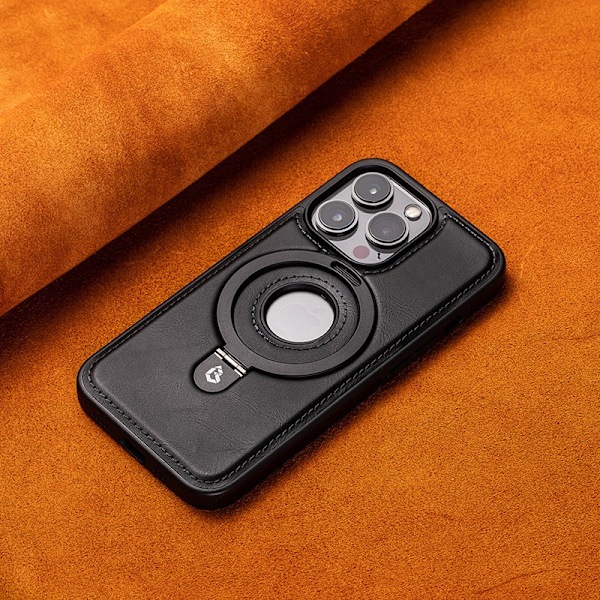 Etui til iPhone 16 Pro 6,3 tommer [Sort læder] Beslag magnetisk suge integreret + eksponeret logo design Luksus læder Stand Magnetisk ydre