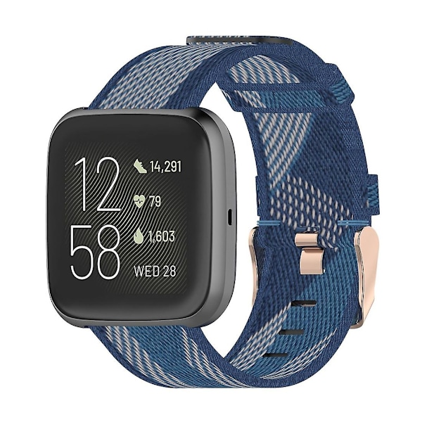 Sininen raidallinen kudottu nylonranneke, yhteensopiva Fitbit Versa 2:n, Fitbit Versan, Fitbit Versa Liten ja Fitbit Blazen kanssa