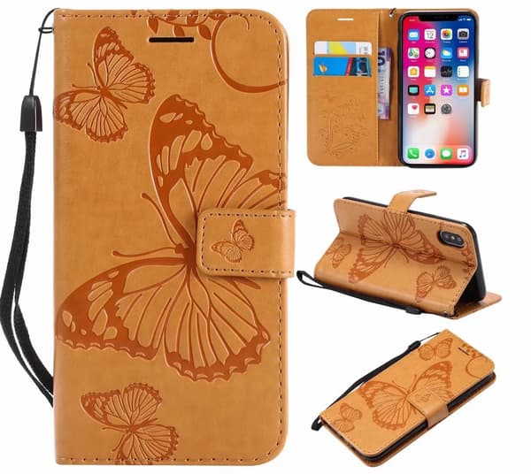 Etui til iPhone 14 Pro gul 3D-preget sommerfugl preget lommebok med kortholder flip