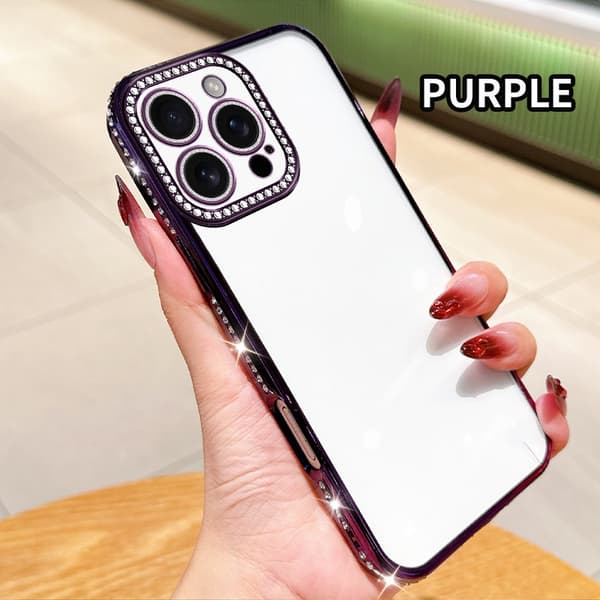 Etui til iPhone 14 Plus med Rhinestone-aksent, galvanisert, klare linsedetaljer, klar Noz34254