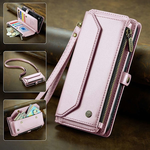 Kotelo iPhone 13minille, pinkki crossbody-vetoketjullinen lompakko korttipidikkeellä ja läpällä