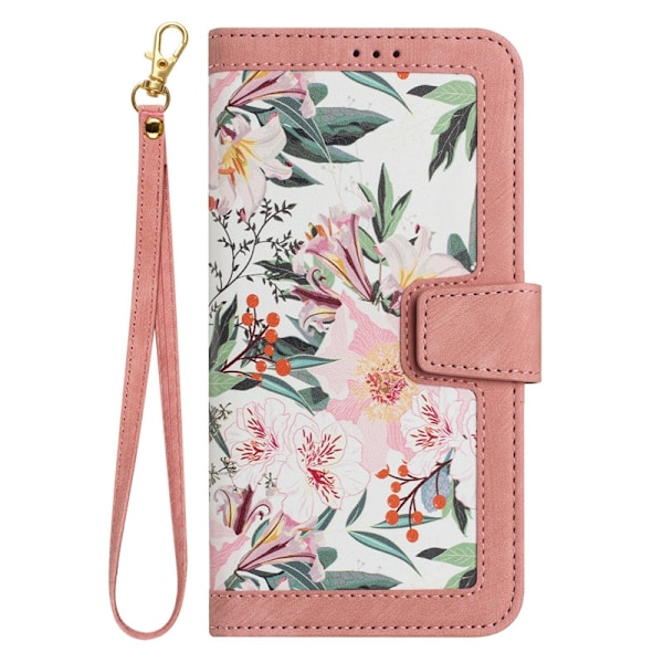 Fodral för iPhone 15 Pro Rosa - litet fräscht läderfodral + kort snöre, liten blommig fliprem