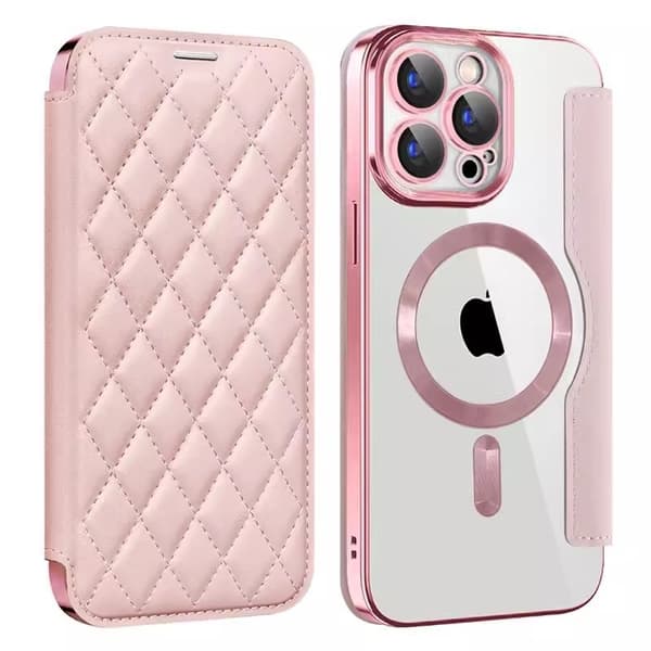 Etui til iPhone 15 pink magnetisk flip-pung med kortholder transparent