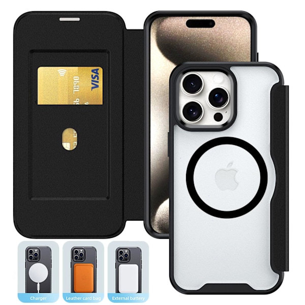 Etui til iPhone 15Promax Sort [Magnetisk Type] Xunjia Magnetisk Flip Kortholder