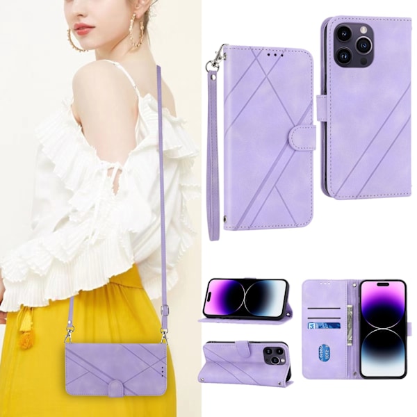 Etui til IP14 6.1 / iPhone 13 6.1 Mørkerød stropp Linje Preget Flip Crossbody Lommebok med Kortholder lær mønster