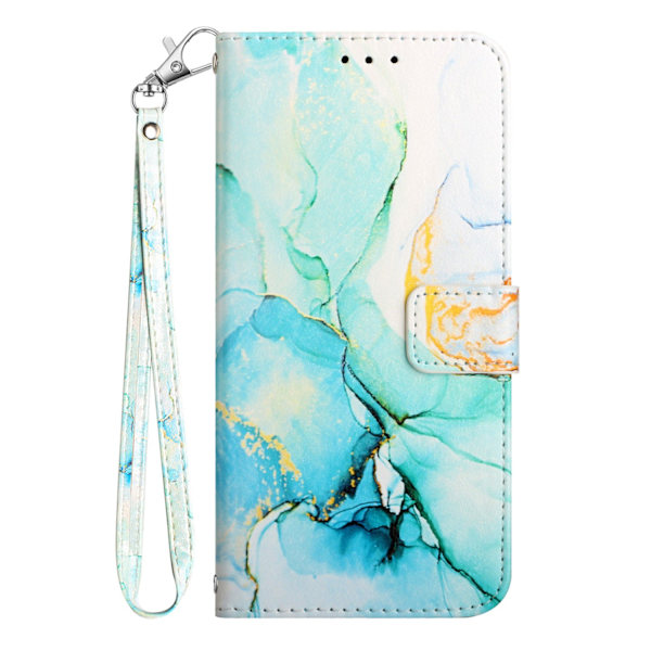Fodral för iPhone 14 6.1 Grön + armband Marmor Flip Magnetiskt Plånboksfodral med Korthållare