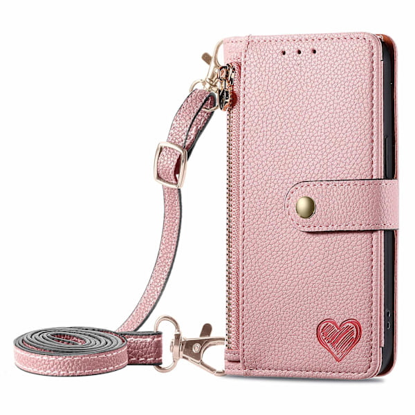 Fodral för iPhone 15 Pro Max Rosa [lång crossbody-rem] Source Love Pebbled RFID-blockerande rem