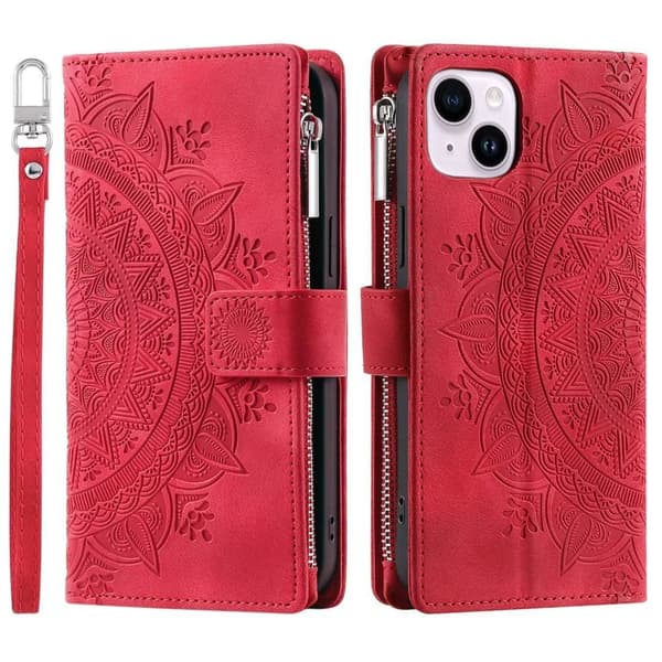 Etui til iPhone 13 Mini rød Multi-kort Totem Lynlås Flip Wallet med Kortholder