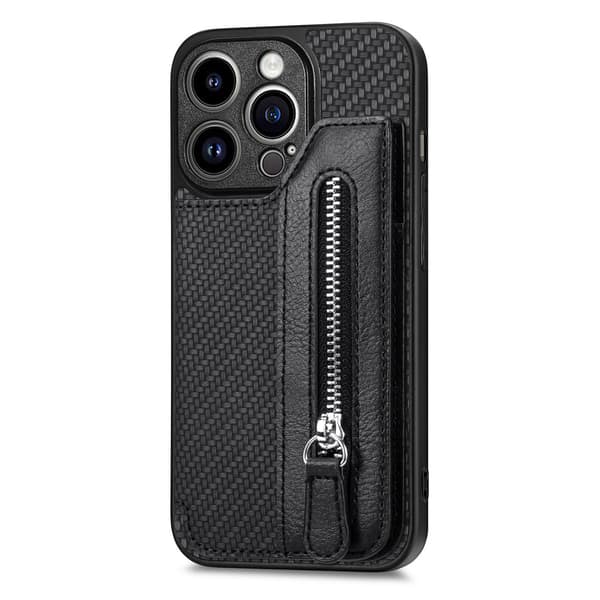Etui til iPhone 13 mini, sort, kulfiber mønster, pung med kortholder og stativ