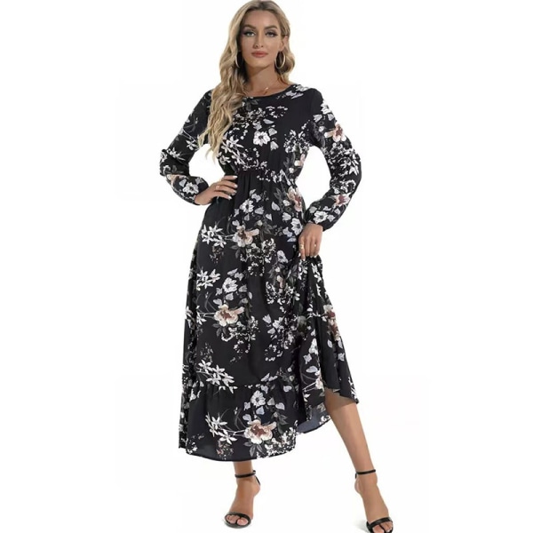 Långärmad klänning Elegant printed rundhalsad blommig klänning för kvinnor Black 2XL