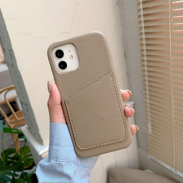 Etui til iPhone 14plus Litchi mønster kort khaki Pebbled Wallet med kortholder