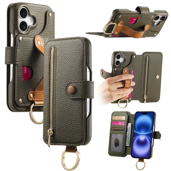 Fodral för iPhone 16 Pro Max Midnattsgrön Pebbled Läder Flip Plånbok med Korthållare
