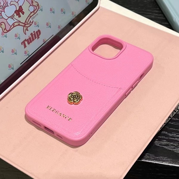 Fodral för iPhone 15proamx Läderkortplats + kamelia rosa lädertextur kamelia Plånbok med korthållare Full-Body Engelska